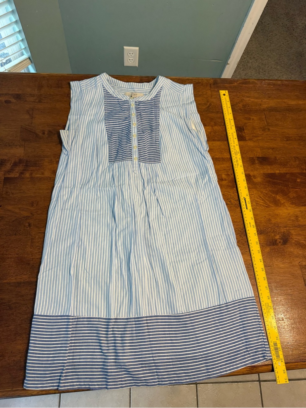 LOFT Blue White Striped Sleeveless Shift Dress Button Bib Lined Cotton Small